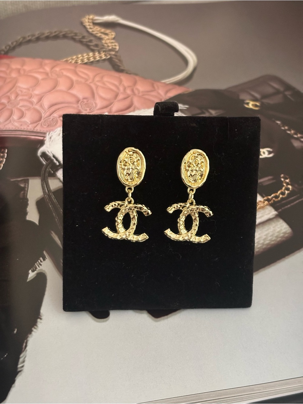 Gold Interlocking CC Logo Drop Hammered Earrings